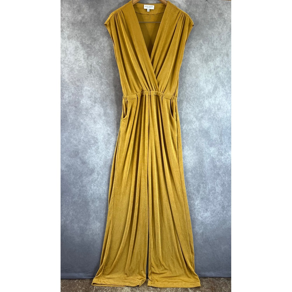 Ripley Rader Jumpsuit Women 2 Small Mustard Gold Shimmer Wide Leg Wrap V-Neck